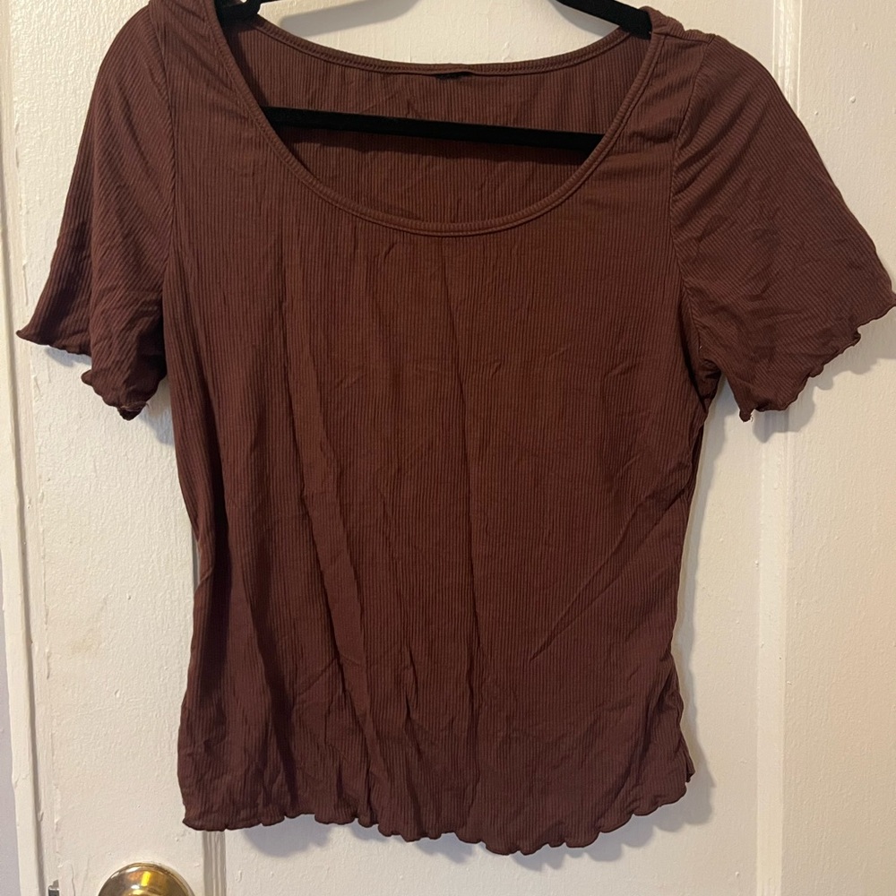 Women's Brown Ribbed Ruffle Top